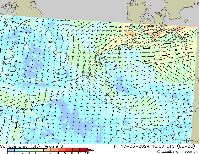 Surface wind (bft) Arome 01 Pá 17.05.2024 15 UTC