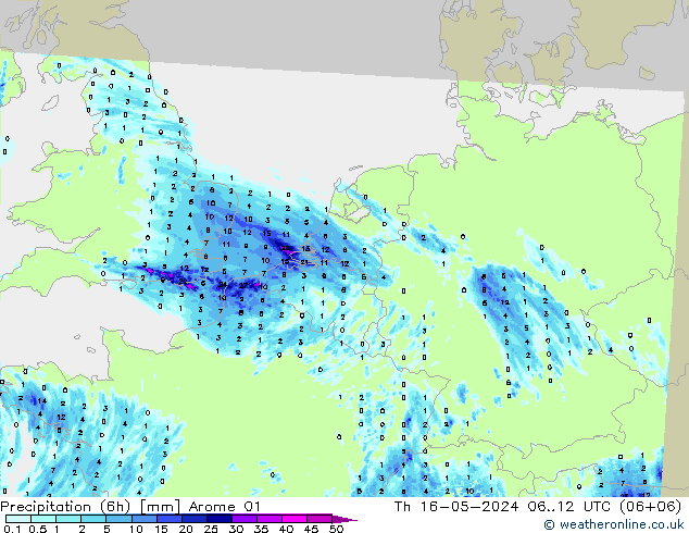 降水量 (6h) Arome 01 星期四 16.05.2024 12 UTC