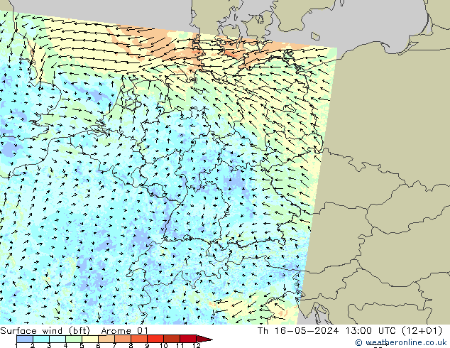 Surface wind (bft) Arome 01 Th 16.05.2024 13 UTC