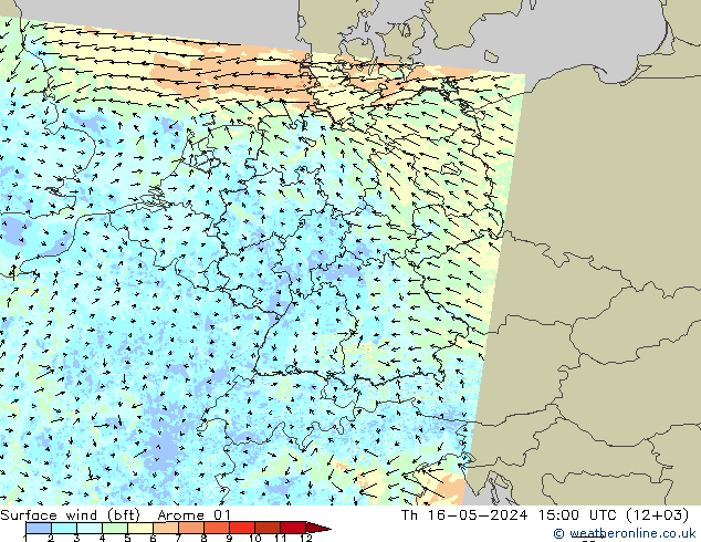 Wind 10 m (bft) Arome 01 do 16.05.2024 15 UTC