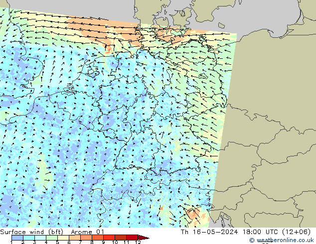 �N 10 米 (bft) Arome 01 星期四 16.05.2024 18 UTC