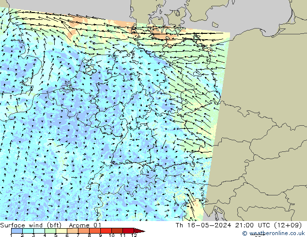 Wind 10 m (bft) Arome 01 do 16.05.2024 21 UTC