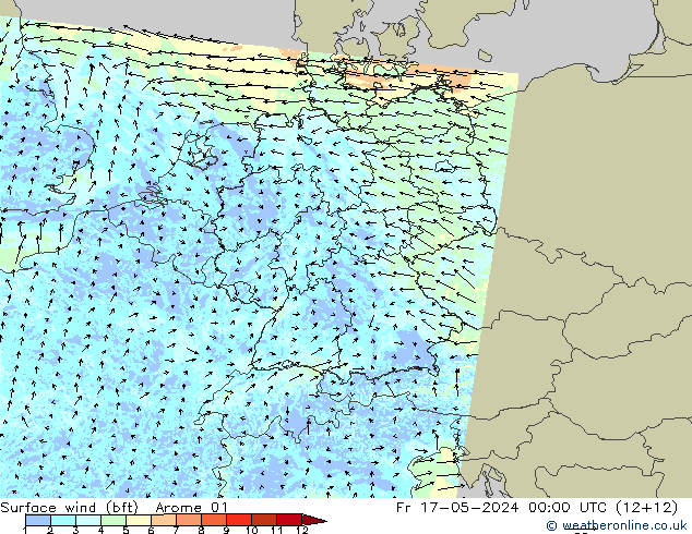 �N 10 米 (bft) Arome 01 星期五 17.05.2024 00 UTC