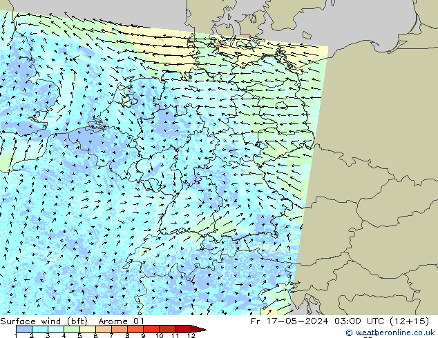 Rüzgar 10 m (bft) Arome 01 Cu 17.05.2024 03 UTC