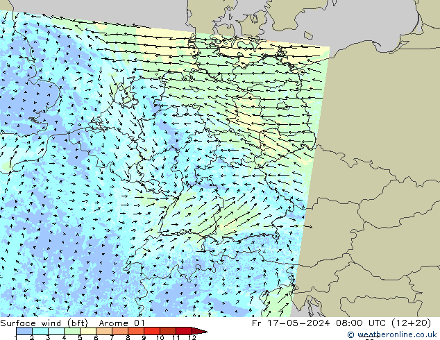 Bodenwind (bft) Arome 01 Fr 17.05.2024 08 UTC