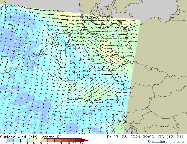 Surface wind (bft) Arome 01 Pá 17.05.2024 09 UTC