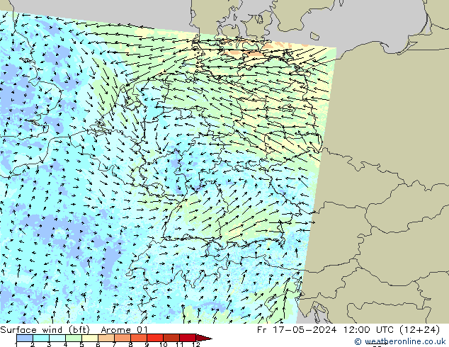 wiatr 10 m (bft) Arome 01 pt. 17.05.2024 12 UTC