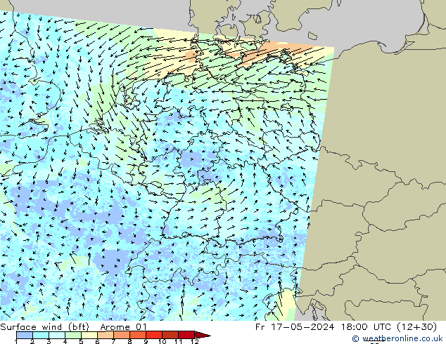 wiatr 10 m (bft) Arome 01 pt. 17.05.2024 18 UTC