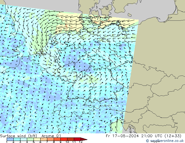 Surface wind (bft) Arome 01 Fr 17.05.2024 21 UTC