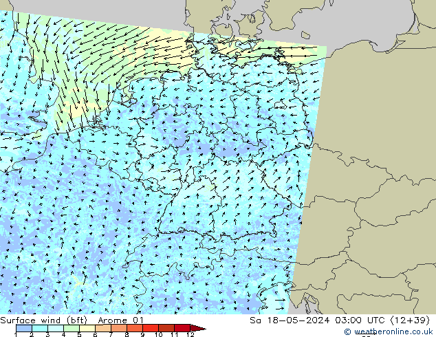 Viento 10 m (bft) Arome 01 sáb 18.05.2024 03 UTC