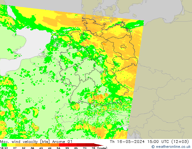 Max. wind velocity Arome 01 Th 16.05.2024 15 UTC