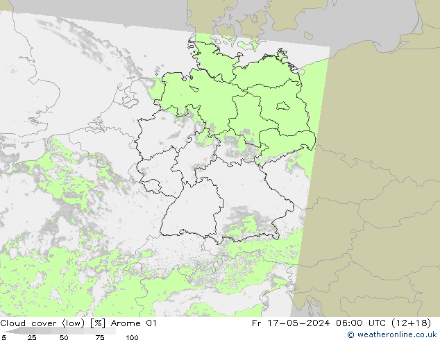 Cloud cover (low) Arome 01 Fr 17.05.2024 06 UTC