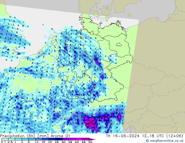 Precipitation (6h) Arome 01 Th 16.05.2024 18 UTC