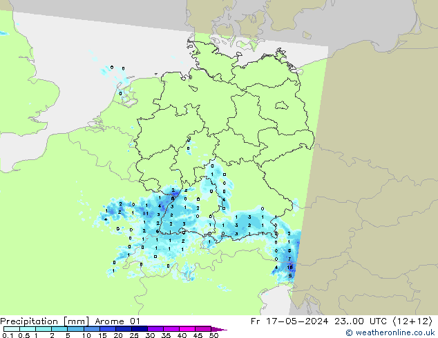 Srážky Arome 01 Pá 17.05.2024 00 UTC