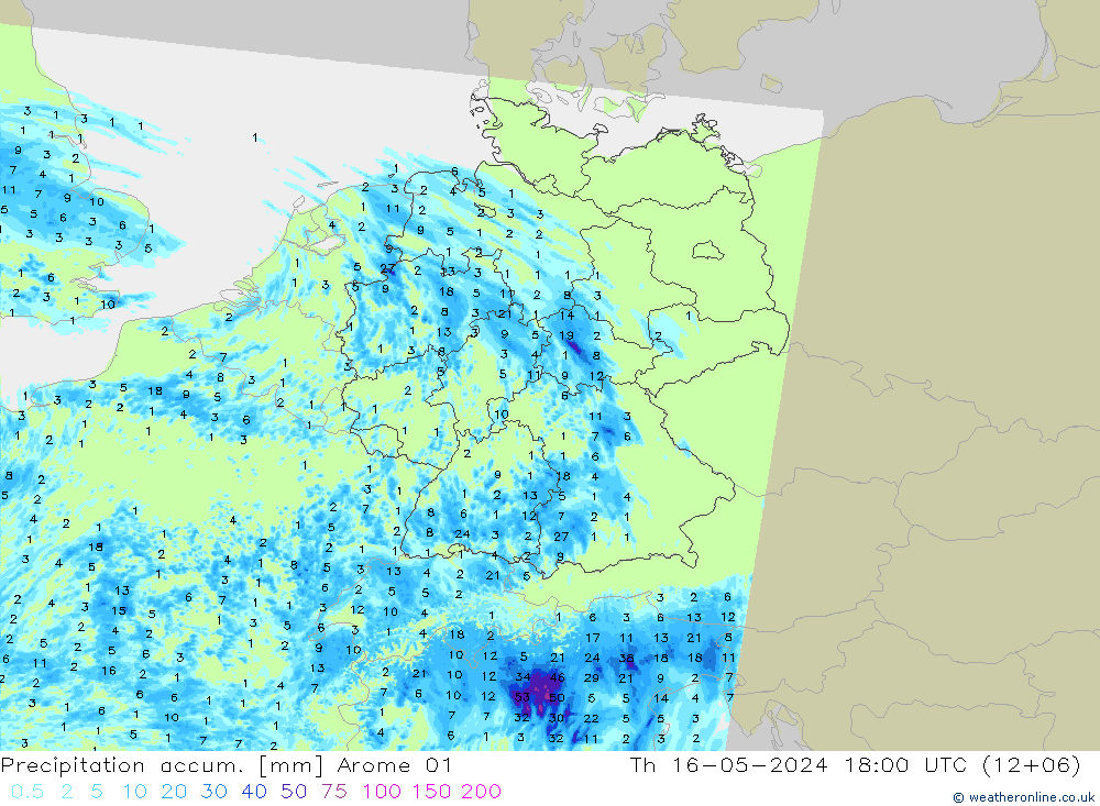 Precipitation accum. Arome 01 Čt 16.05.2024 18 UTC