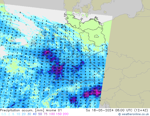 Totale neerslag Arome 01 za 18.05.2024 06 UTC