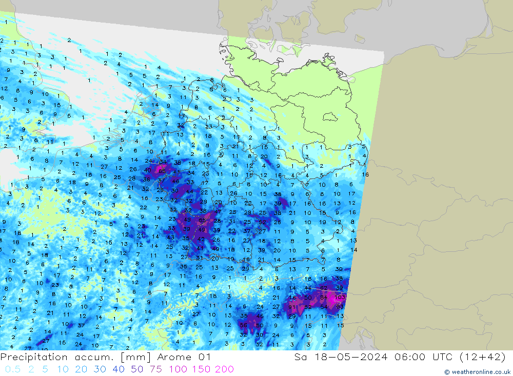 Precipitation accum. Arome 01 Sa 18.05.2024 06 UTC