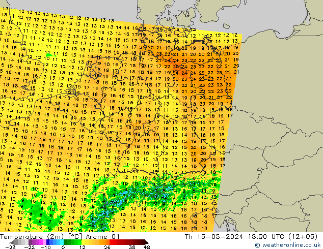 Temperatuurkaart (2m) Arome 01 do 16.05.2024 18 UTC