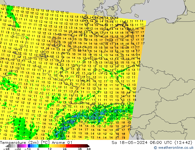 mapa temperatury (2m) Arome 01 so. 18.05.2024 06 UTC