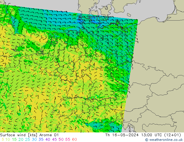 Surface wind Arome 01 Čt 16.05.2024 13 UTC