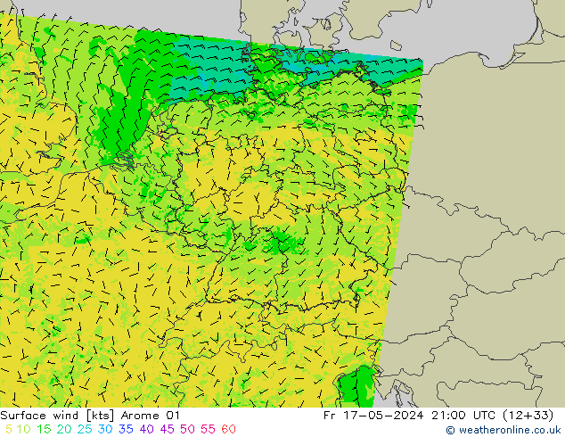 Surface wind Arome 01 Pá 17.05.2024 21 UTC