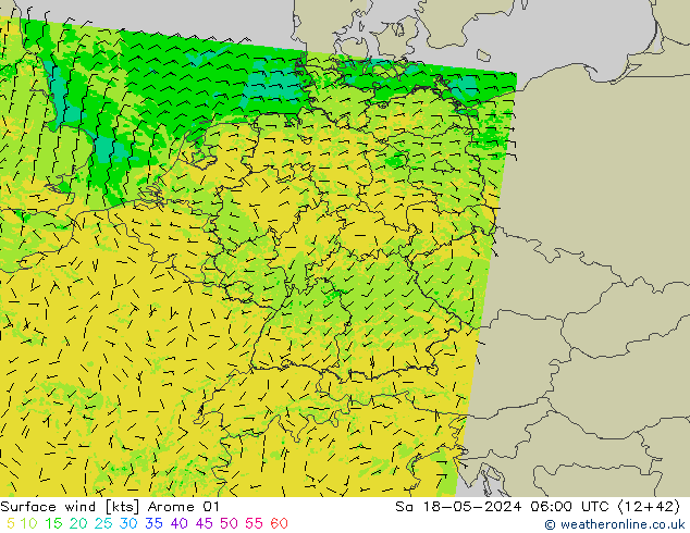 Wind 10 m Arome 01 za 18.05.2024 06 UTC