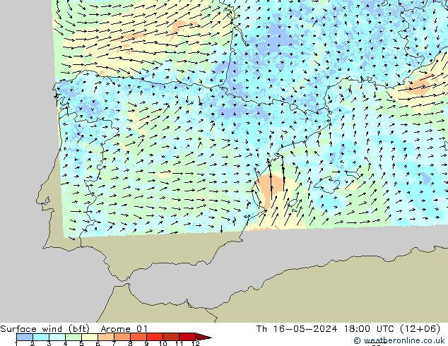 Wind 10 m (bft) Arome 01 do 16.05.2024 18 UTC