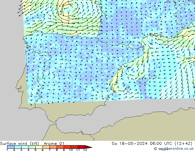 wiatr 10 m (bft) Arome 01 so. 18.05.2024 06 UTC