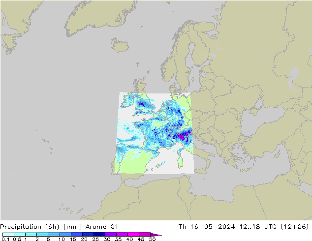 Precipitação (6h) Arome 01 Qui 16.05.2024 18 UTC