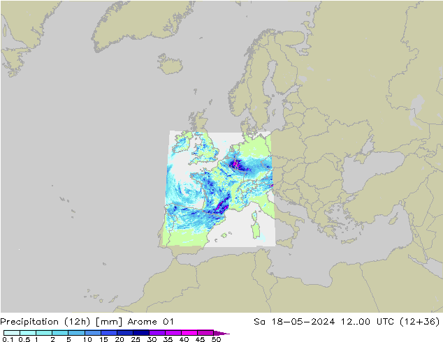 Totale neerslag (12h) Arome 01 za 18.05.2024 00 UTC