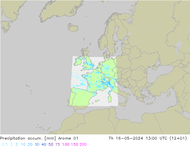Precipitation accum. Arome 01 Th 16.05.2024 13 UTC