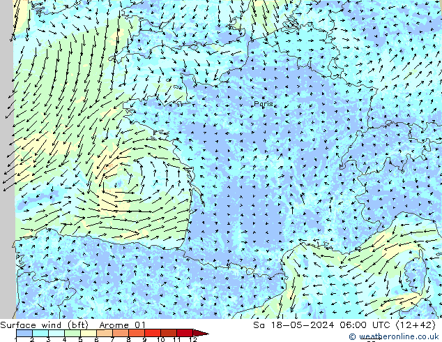Wind 10 m (bft) Arome 01 za 18.05.2024 06 UTC