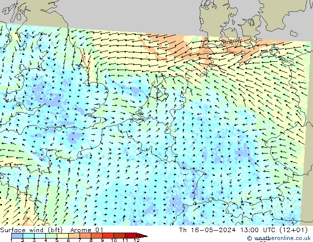 Wind 10 m (bft) Arome 01 do 16.05.2024 13 UTC
