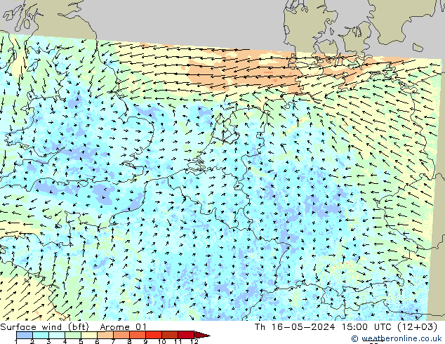 Wind 10 m (bft) Arome 01 do 16.05.2024 15 UTC