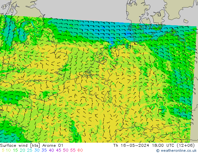 风 10 米 Arome 01 星期四 16.05.2024 18 UTC
