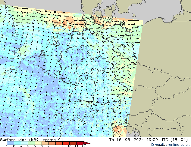Surface wind (bft) Arome 01 Th 16.05.2024 19 UTC