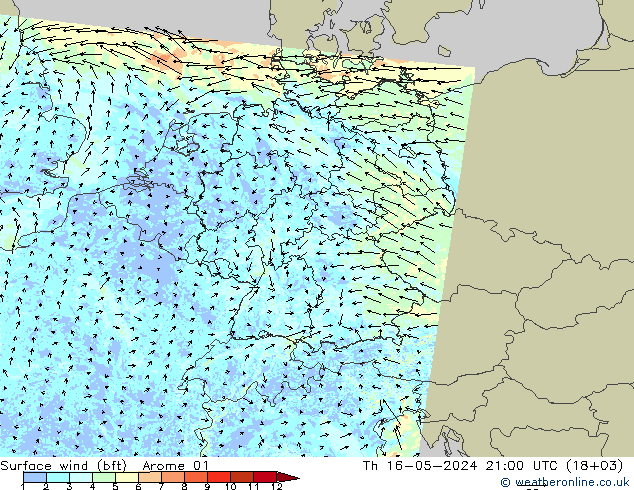 wiatr 10 m (bft) Arome 01 czw. 16.05.2024 21 UTC