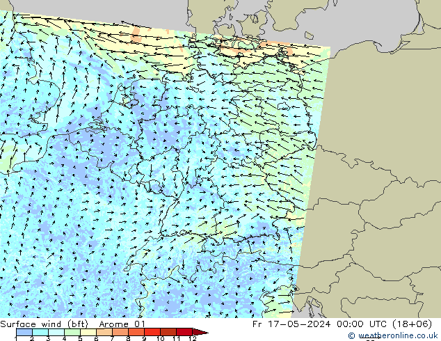 Wind 10 m (bft) Arome 01 vr 17.05.2024 00 UTC