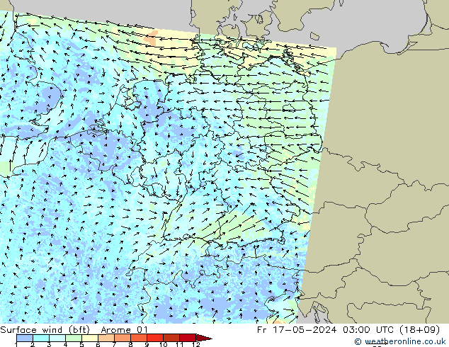 Wind 10 m (bft) Arome 01 vr 17.05.2024 03 UTC