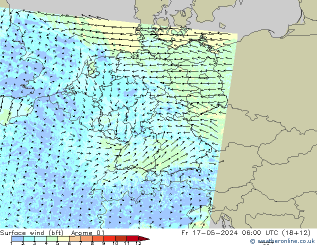 Rüzgar 10 m (bft) Arome 01 Cu 17.05.2024 06 UTC