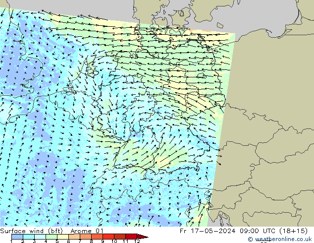 Surface wind (bft) Arome 01 Fr 17.05.2024 09 UTC