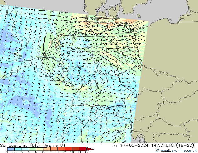 Wind 10 m (bft) Arome 01 vr 17.05.2024 14 UTC