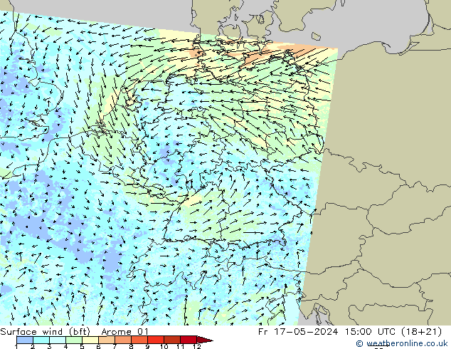 Wind 10 m (bft) Arome 01 vr 17.05.2024 15 UTC
