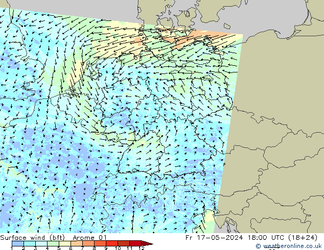 Wind 10 m (bft) Arome 01 vr 17.05.2024 18 UTC