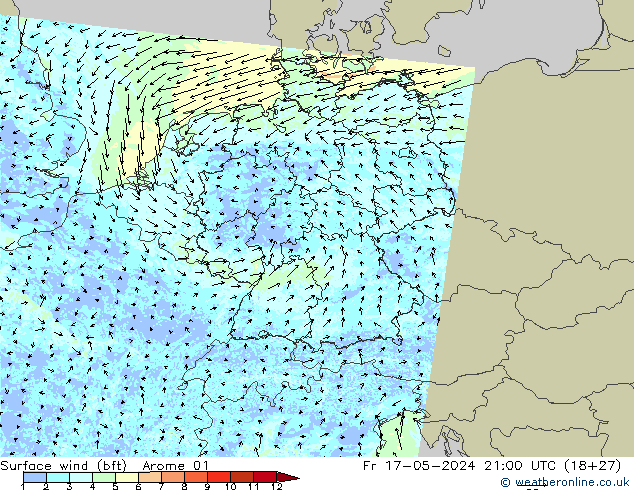 Rüzgar 10 m (bft) Arome 01 Cu 17.05.2024 21 UTC