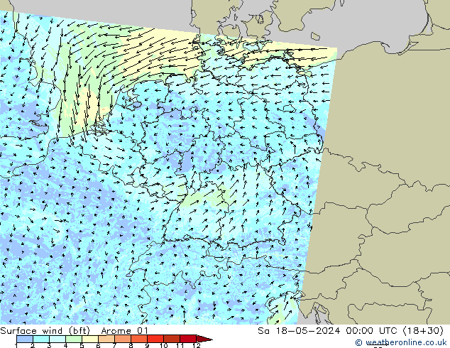 Bodenwind (bft) Arome 01 Sa 18.05.2024 00 UTC