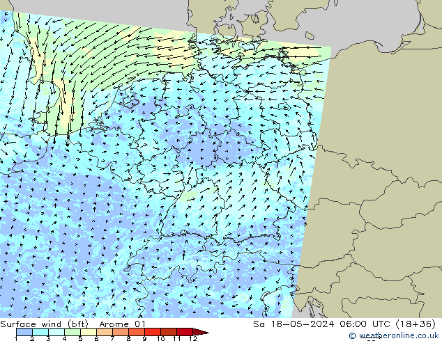 Viento 10 m (bft) Arome 01 sáb 18.05.2024 06 UTC