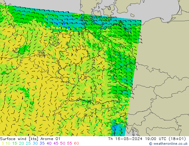Surface wind Arome 01 Th 16.05.2024 19 UTC