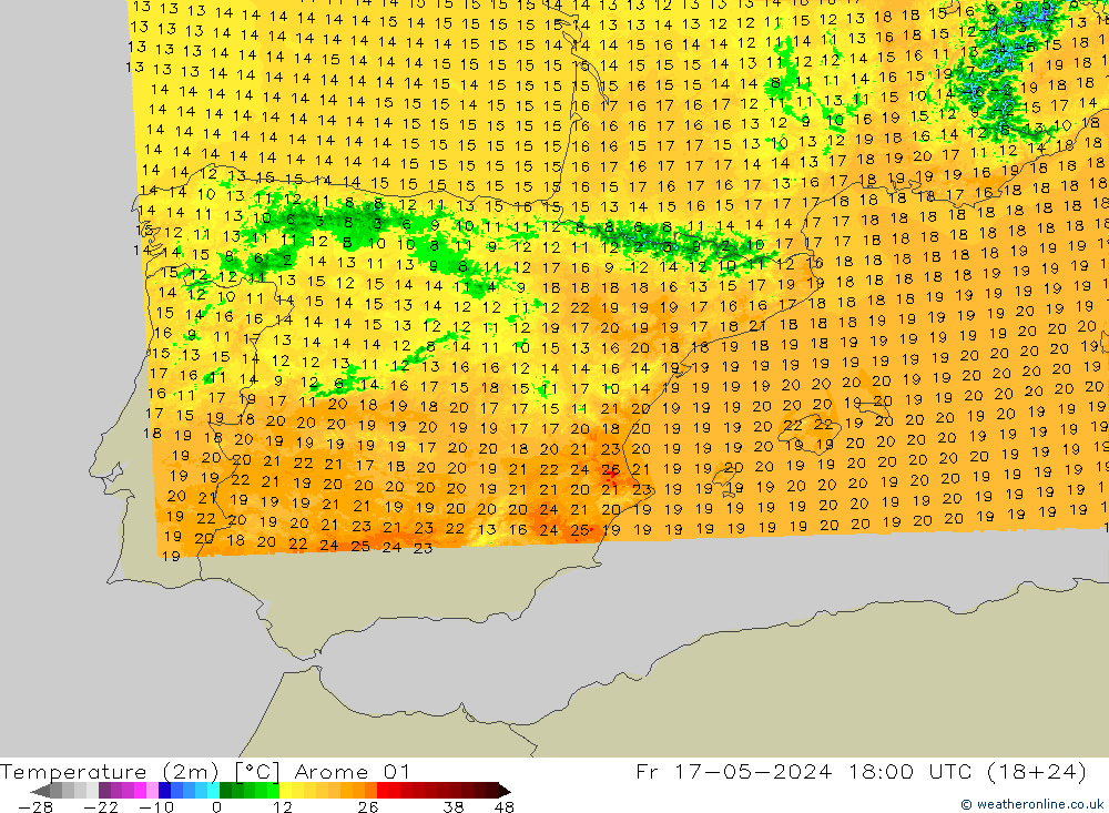 Temperatura (2m) Arome 01 vie 17.05.2024 18 UTC
