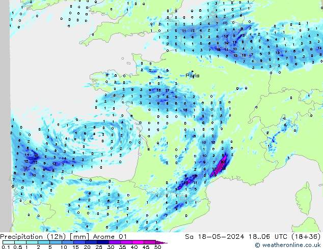 Precipitation (12h) Arome 01 Sa 18.05.2024 06 UTC